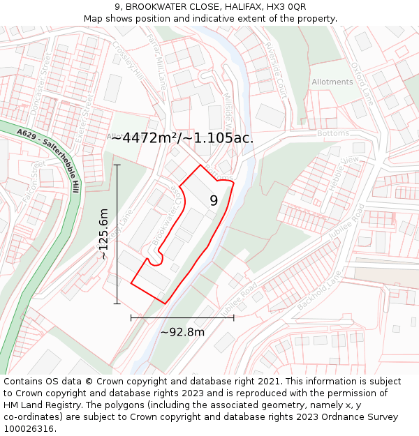 9, BROOKWATER CLOSE, HALIFAX, HX3 0QR: Plot and title map