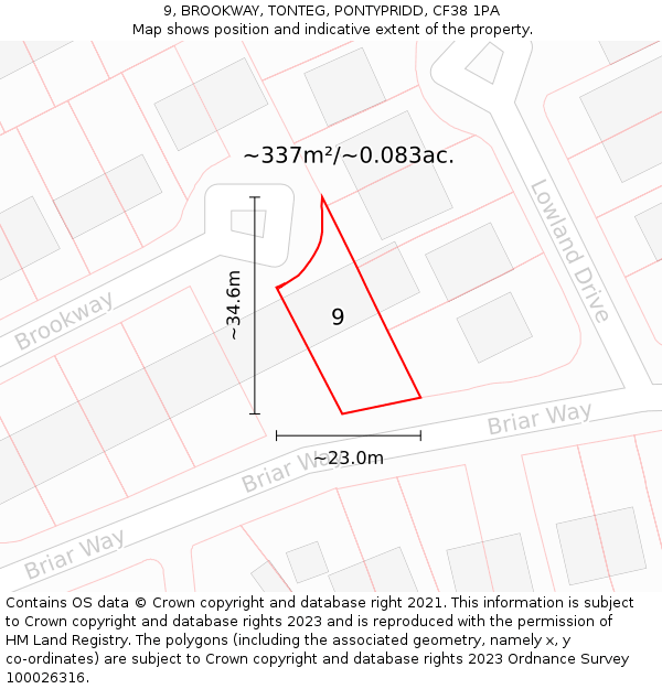 9, BROOKWAY, TONTEG, PONTYPRIDD, CF38 1PA: Plot and title map