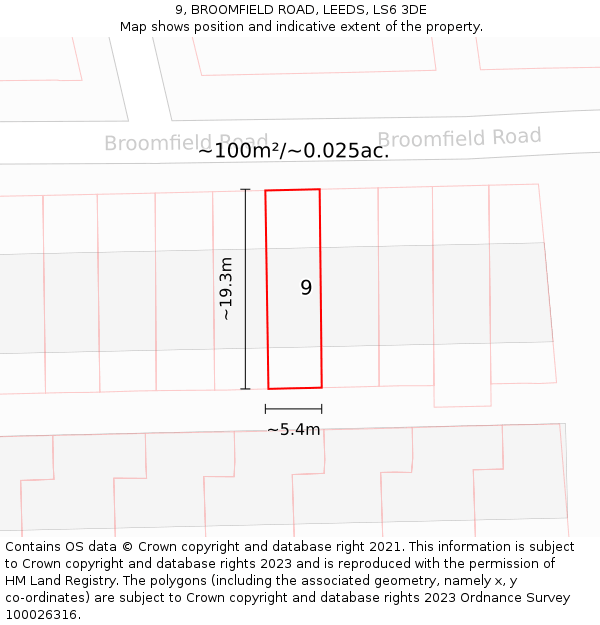 9, BROOMFIELD ROAD, LEEDS, LS6 3DE: Plot and title map