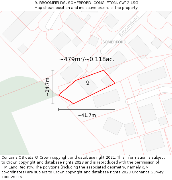9, BROOMFIELDS, SOMERFORD, CONGLETON, CW12 4SG: Plot and title map