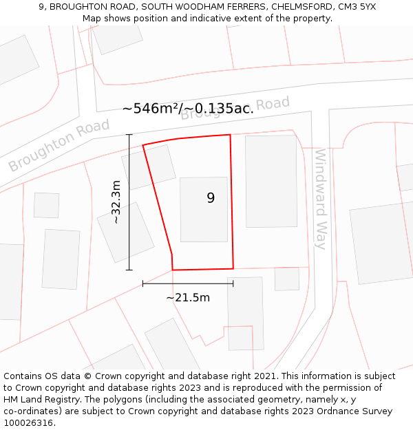 9, BROUGHTON ROAD, SOUTH WOODHAM FERRERS, CHELMSFORD, CM3 5YX: Plot and title map