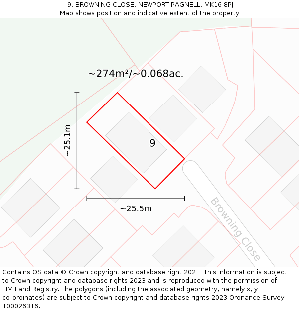 9, BROWNING CLOSE, NEWPORT PAGNELL, MK16 8PJ: Plot and title map