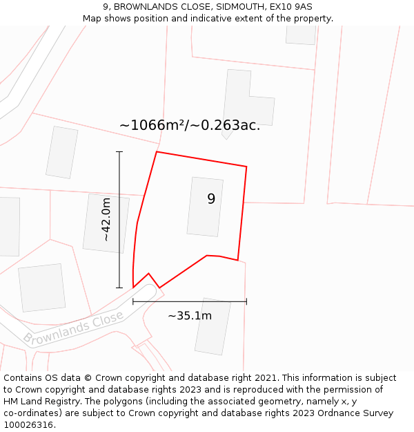 9, BROWNLANDS CLOSE, SIDMOUTH, EX10 9AS: Plot and title map