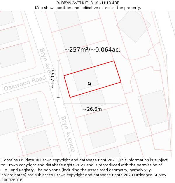 9, BRYN AVENUE, RHYL, LL18 4BE: Plot and title map