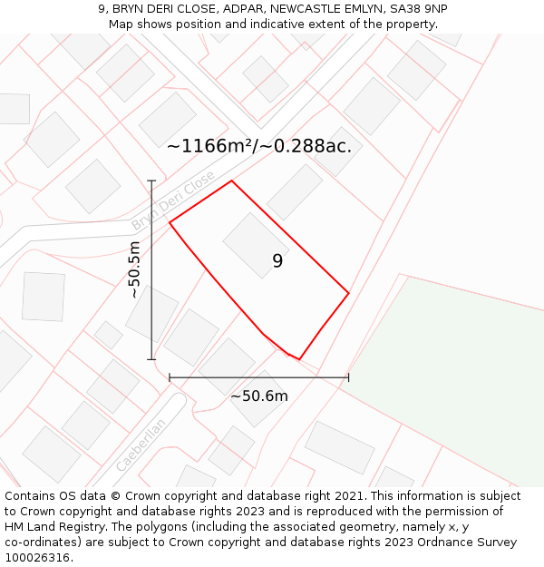 9, BRYN DERI CLOSE, ADPAR, NEWCASTLE EMLYN, SA38 9NP: Plot and title map