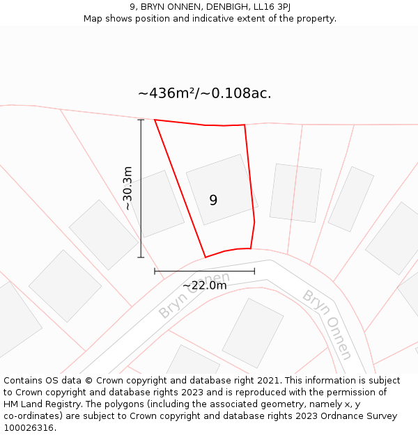 9, BRYN ONNEN, DENBIGH, LL16 3PJ: Plot and title map