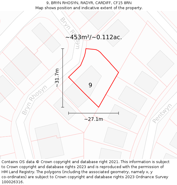 9, BRYN RHOSYN, RADYR, CARDIFF, CF15 8RN: Plot and title map