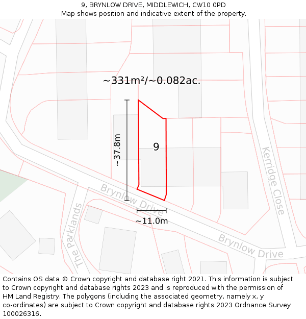 9, BRYNLOW DRIVE, MIDDLEWICH, CW10 0PD: Plot and title map