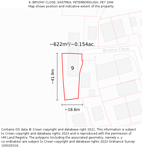 9, BRYONY CLOSE, EASTREA, PETERBOROUGH, PE7 2AW: Plot and title map