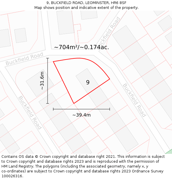 9, BUCKFIELD ROAD, LEOMINSTER, HR6 8SF: Plot and title map