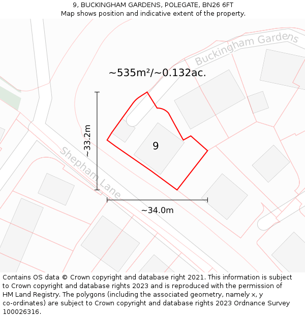 9, BUCKINGHAM GARDENS, POLEGATE, BN26 6FT: Plot and title map