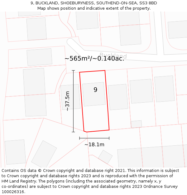 9, BUCKLAND, SHOEBURYNESS, SOUTHEND-ON-SEA, SS3 8BD: Plot and title map