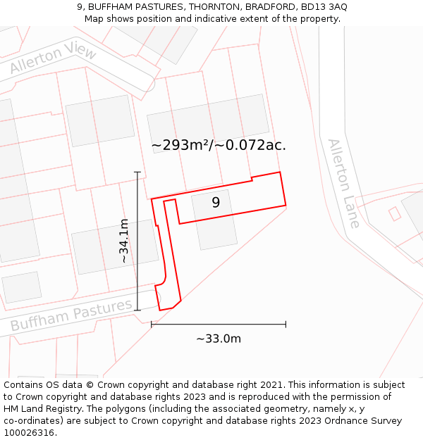 9, BUFFHAM PASTURES, THORNTON, BRADFORD, BD13 3AQ: Plot and title map