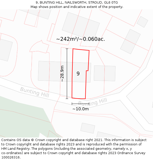 9, BUNTING HILL, NAILSWORTH, STROUD, GL6 0TG: Plot and title map