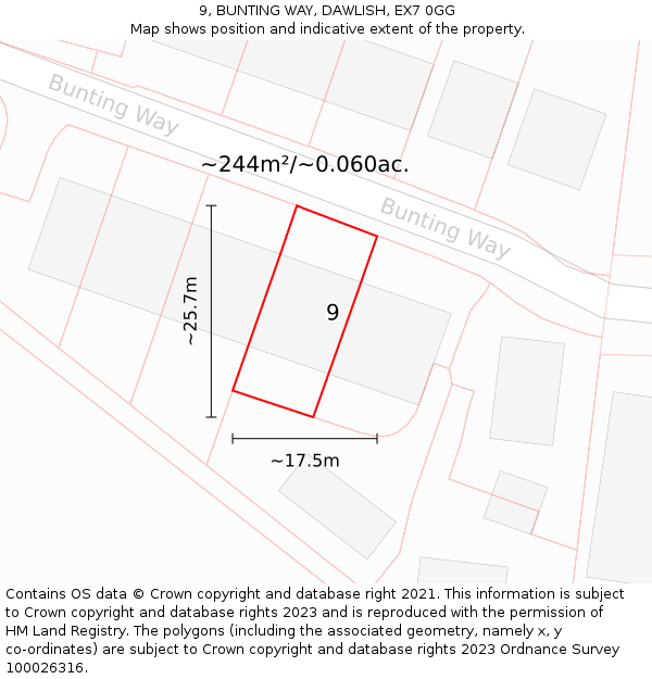 9, BUNTING WAY, DAWLISH, EX7 0GG: Plot and title map