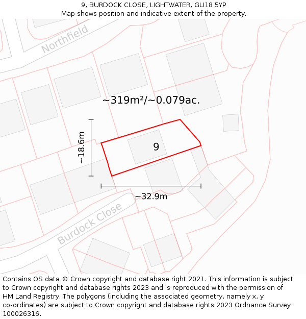 9, BURDOCK CLOSE, LIGHTWATER, GU18 5YP: Plot and title map