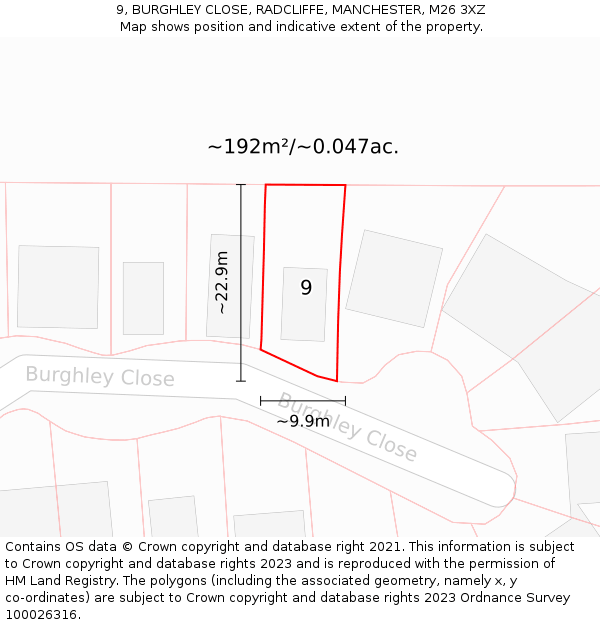 9, BURGHLEY CLOSE, RADCLIFFE, MANCHESTER, M26 3XZ: Plot and title map