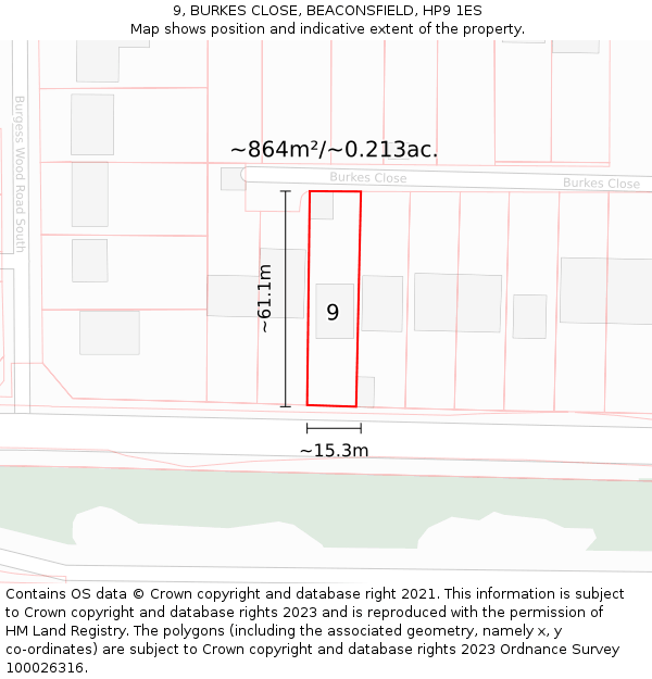 9, BURKES CLOSE, BEACONSFIELD, HP9 1ES: Plot and title map