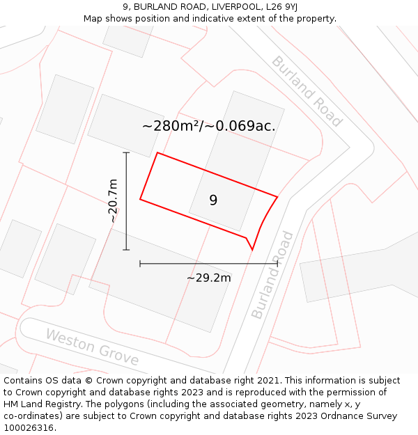 9, BURLAND ROAD, LIVERPOOL, L26 9YJ: Plot and title map