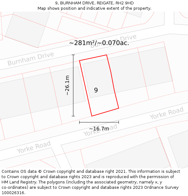 9, BURNHAM DRIVE, REIGATE, RH2 9HD: Plot and title map