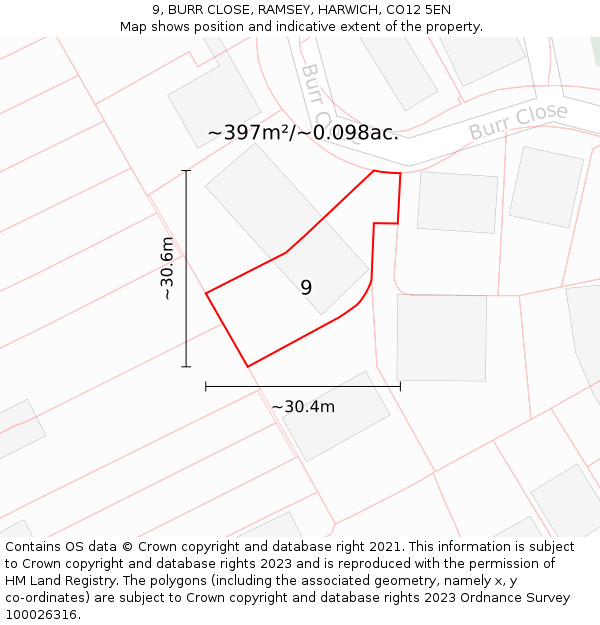 9, BURR CLOSE, RAMSEY, HARWICH, CO12 5EN: Plot and title map