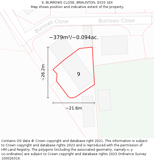 9, BURROWS CLOSE, BRAUNTON, EX33 1EX: Plot and title map