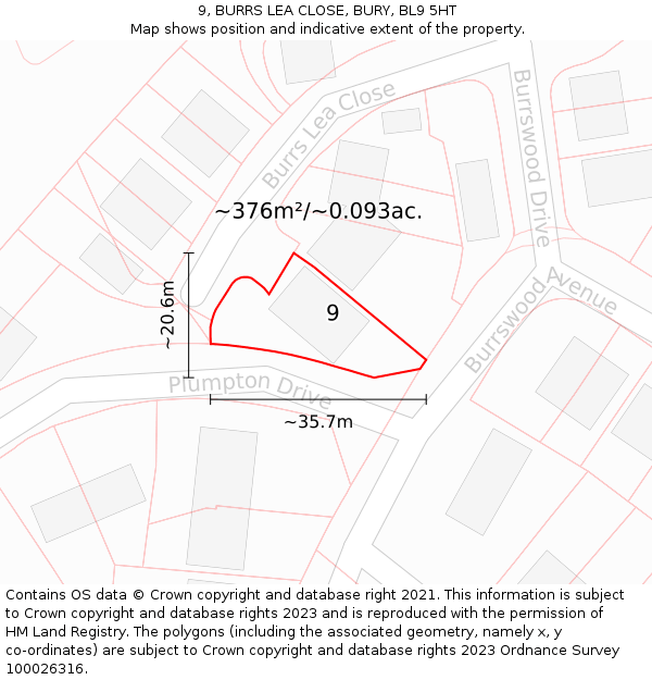 9, BURRS LEA CLOSE, BURY, BL9 5HT: Plot and title map