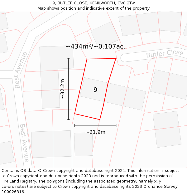 9, BUTLER CLOSE, KENILWORTH, CV8 2TW: Plot and title map