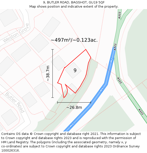 9, BUTLER ROAD, BAGSHOT, GU19 5QF: Plot and title map