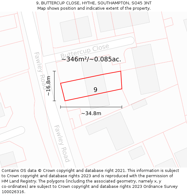 9, BUTTERCUP CLOSE, HYTHE, SOUTHAMPTON, SO45 3NT: Plot and title map