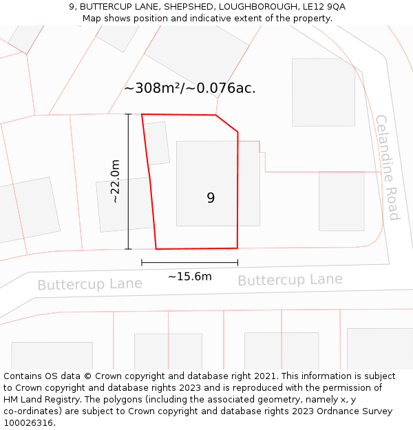 9, BUTTERCUP LANE, SHEPSHED, LOUGHBOROUGH, LE12 9QA: Plot and title map