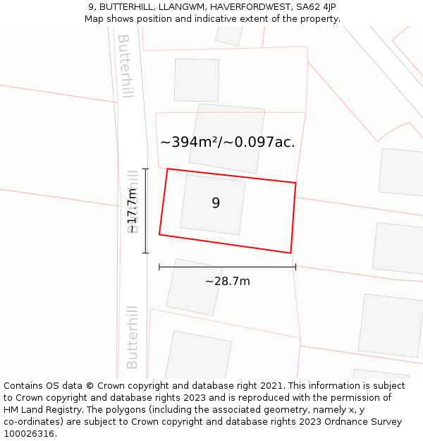 9, BUTTERHILL, LLANGWM, HAVERFORDWEST, SA62 4JP: Plot and title map