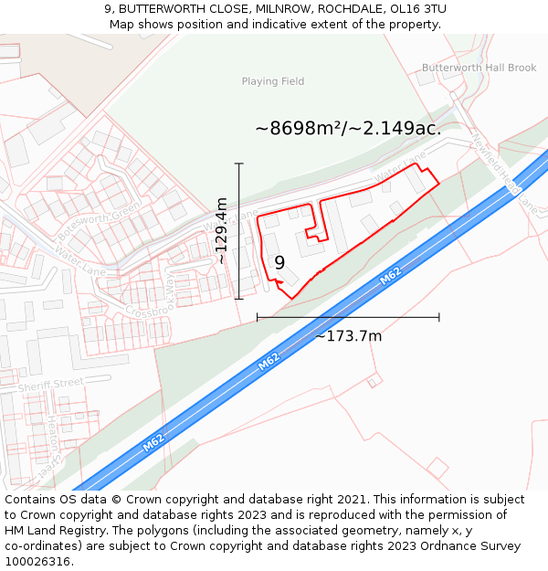 9, BUTTERWORTH CLOSE, MILNROW, ROCHDALE, OL16 3TU: Plot and title map