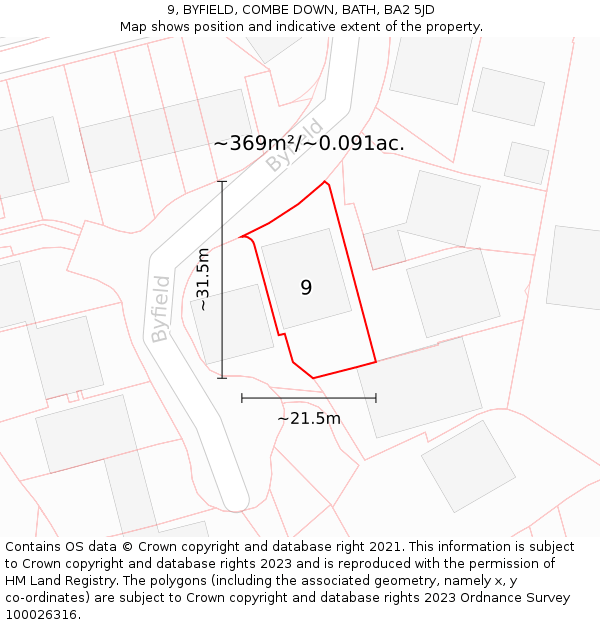 9, BYFIELD, COMBE DOWN, BATH, BA2 5JD: Plot and title map