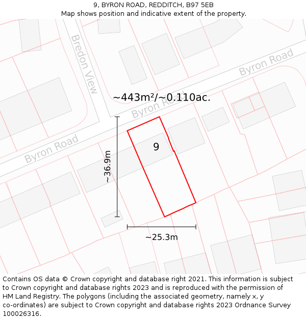 9, BYRON ROAD, REDDITCH, B97 5EB: Plot and title map