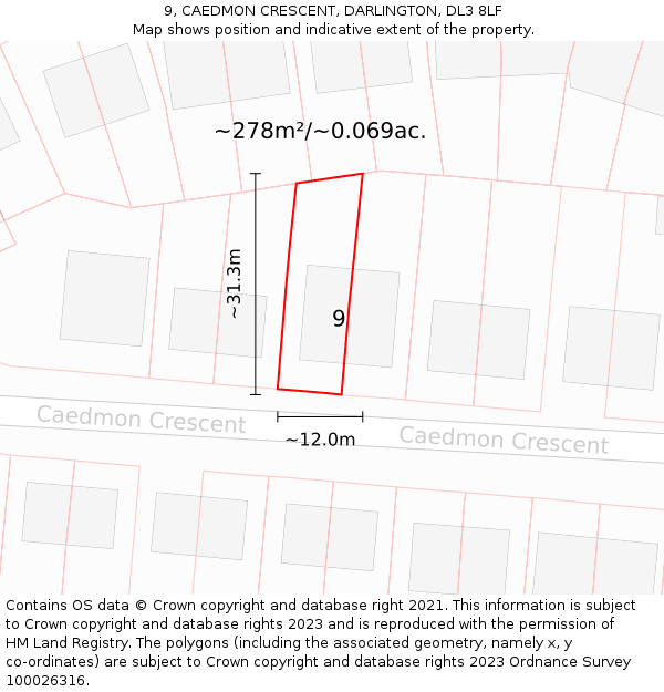 9, CAEDMON CRESCENT, DARLINGTON, DL3 8LF: Plot and title map