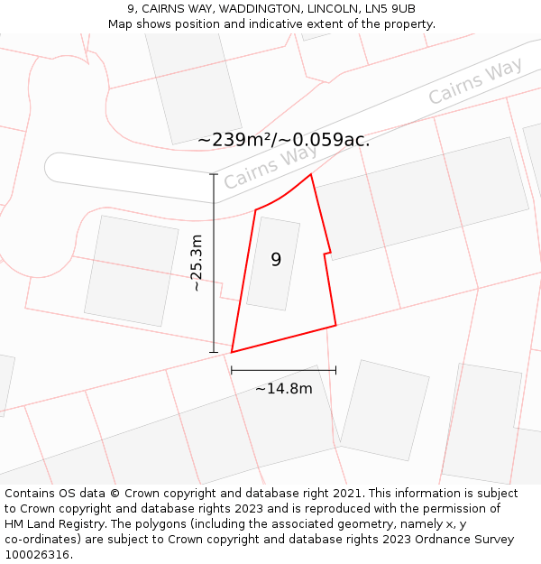 9, CAIRNS WAY, WADDINGTON, LINCOLN, LN5 9UB: Plot and title map