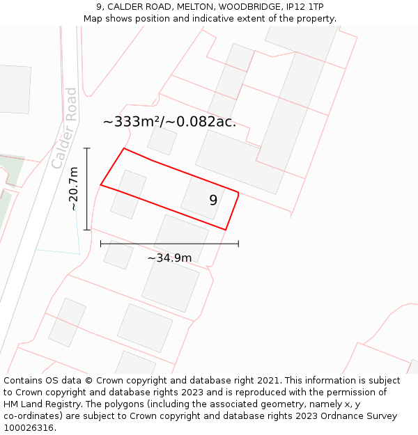 9, CALDER ROAD, MELTON, WOODBRIDGE, IP12 1TP: Plot and title map