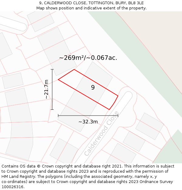 9, CALDERWOOD CLOSE, TOTTINGTON, BURY, BL8 3LE: Plot and title map