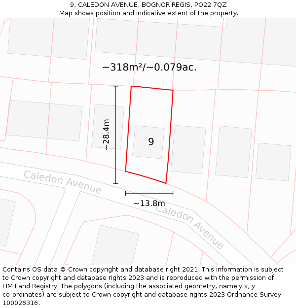 9, CALEDON AVENUE, BOGNOR REGIS, PO22 7QZ: Plot and title map