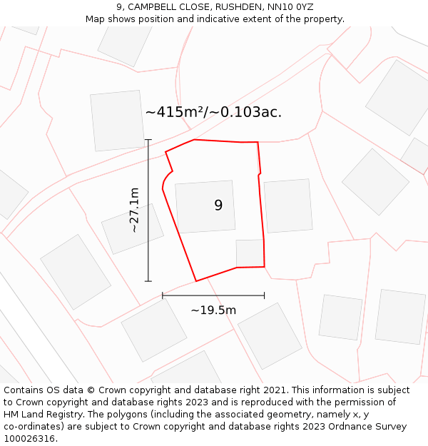 9, CAMPBELL CLOSE, RUSHDEN, NN10 0YZ: Plot and title map