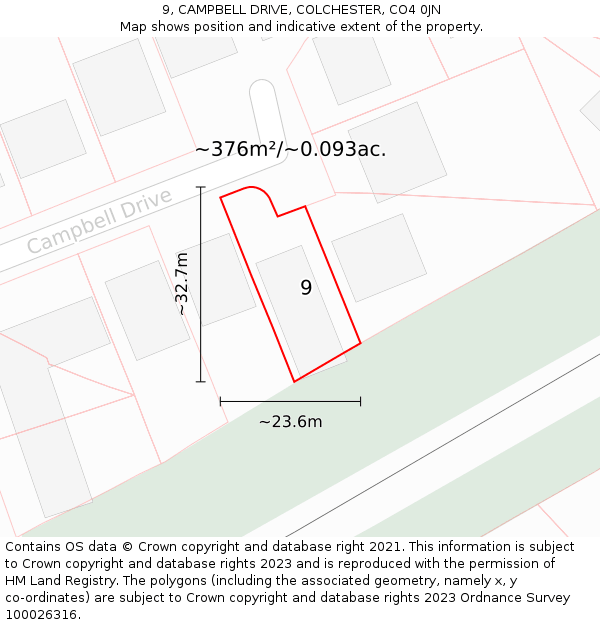 9, CAMPBELL DRIVE, COLCHESTER, CO4 0JN: Plot and title map