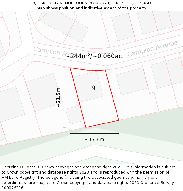 9, CAMPION AVENUE, QUENIBOROUGH, LEICESTER, LE7 3GD: Plot and title map
