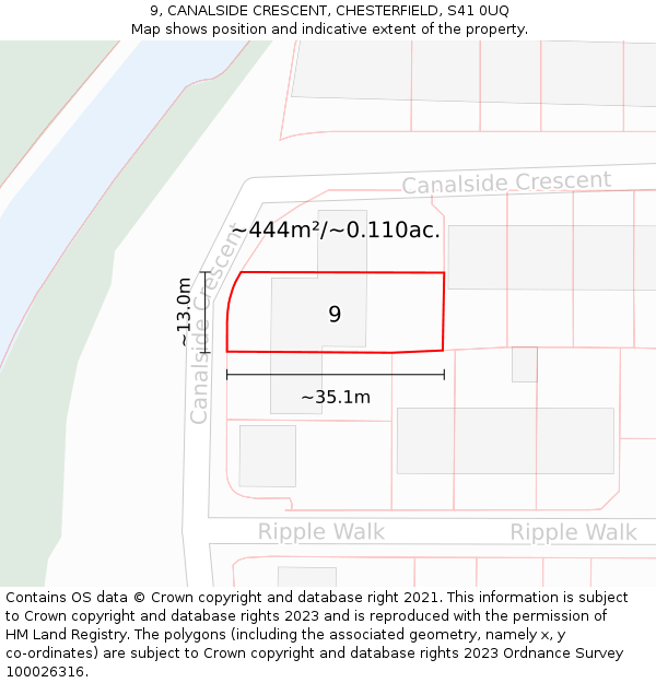 9, CANALSIDE CRESCENT, CHESTERFIELD, S41 0UQ: Plot and title map