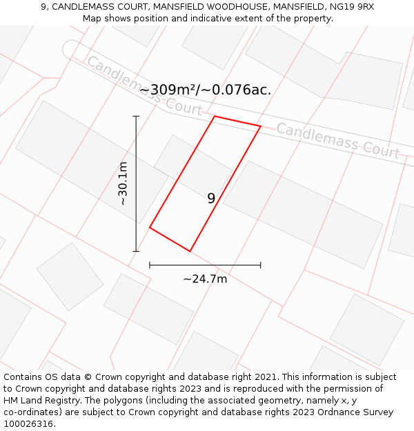 9, CANDLEMASS COURT, MANSFIELD WOODHOUSE, MANSFIELD, NG19 9RX: Plot and title map