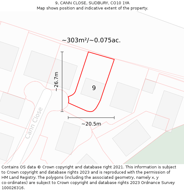 9, CANN CLOSE, SUDBURY, CO10 1YA: Plot and title map