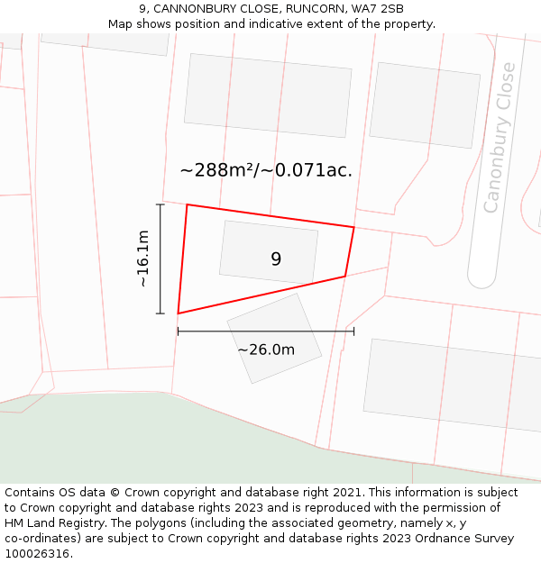9, CANNONBURY CLOSE, RUNCORN, WA7 2SB: Plot and title map