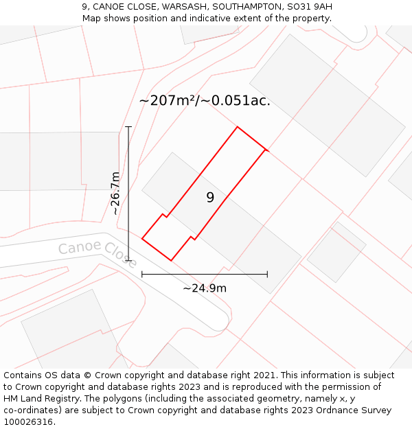 9, CANOE CLOSE, WARSASH, SOUTHAMPTON, SO31 9AH: Plot and title map