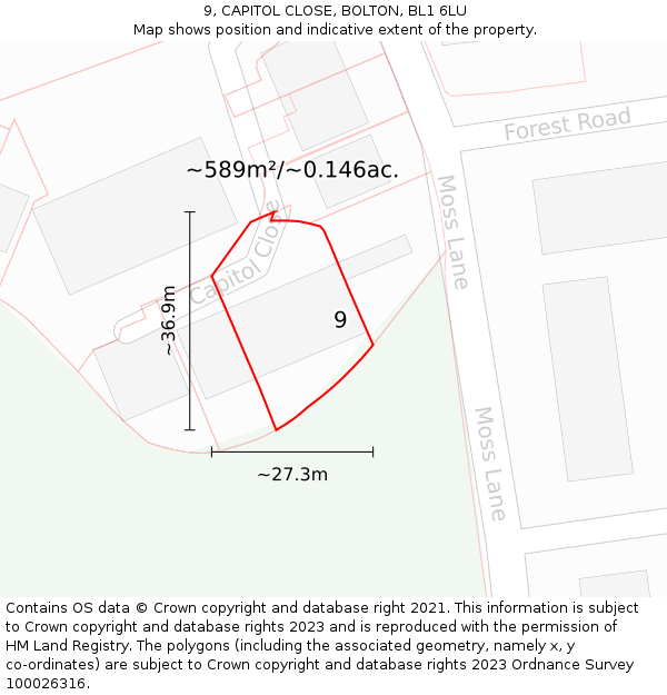 9, CAPITOL CLOSE, BOLTON, BL1 6LU: Plot and title map