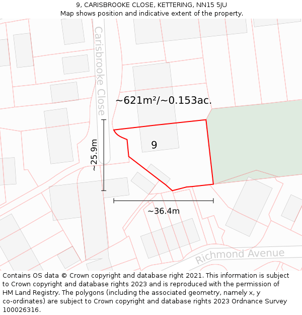 9, CARISBROOKE CLOSE, KETTERING, NN15 5JU: Plot and title map